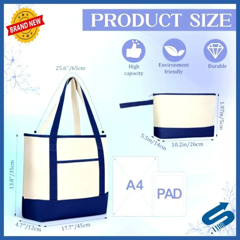 Canvas Tote Bags Set with Outer Pocket and Makeup Pouch Reusable Grocery